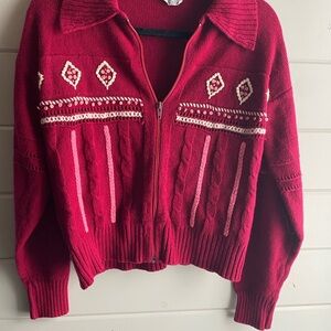 Vintage Red Knit Zip Cardigan Sweater – Size L